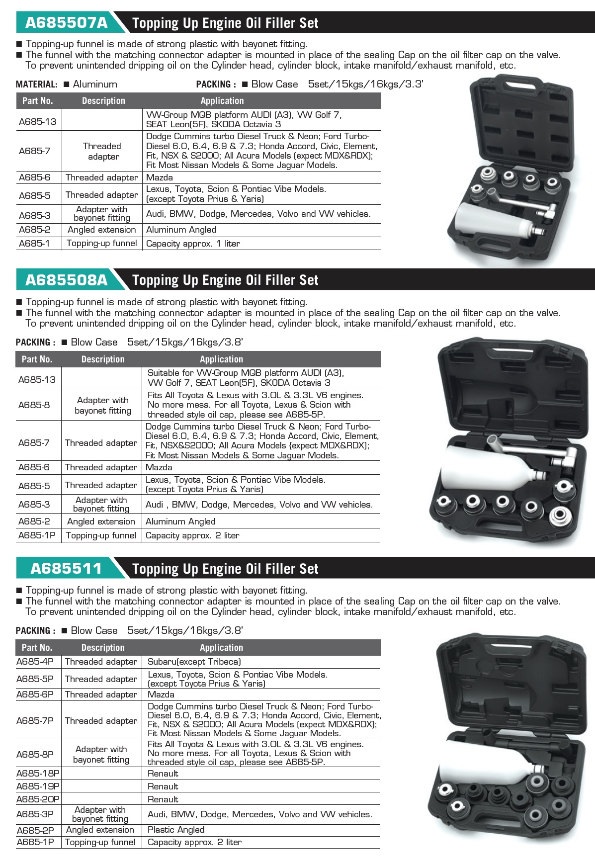 A685511 Topping Up Engine Oil Filler Set